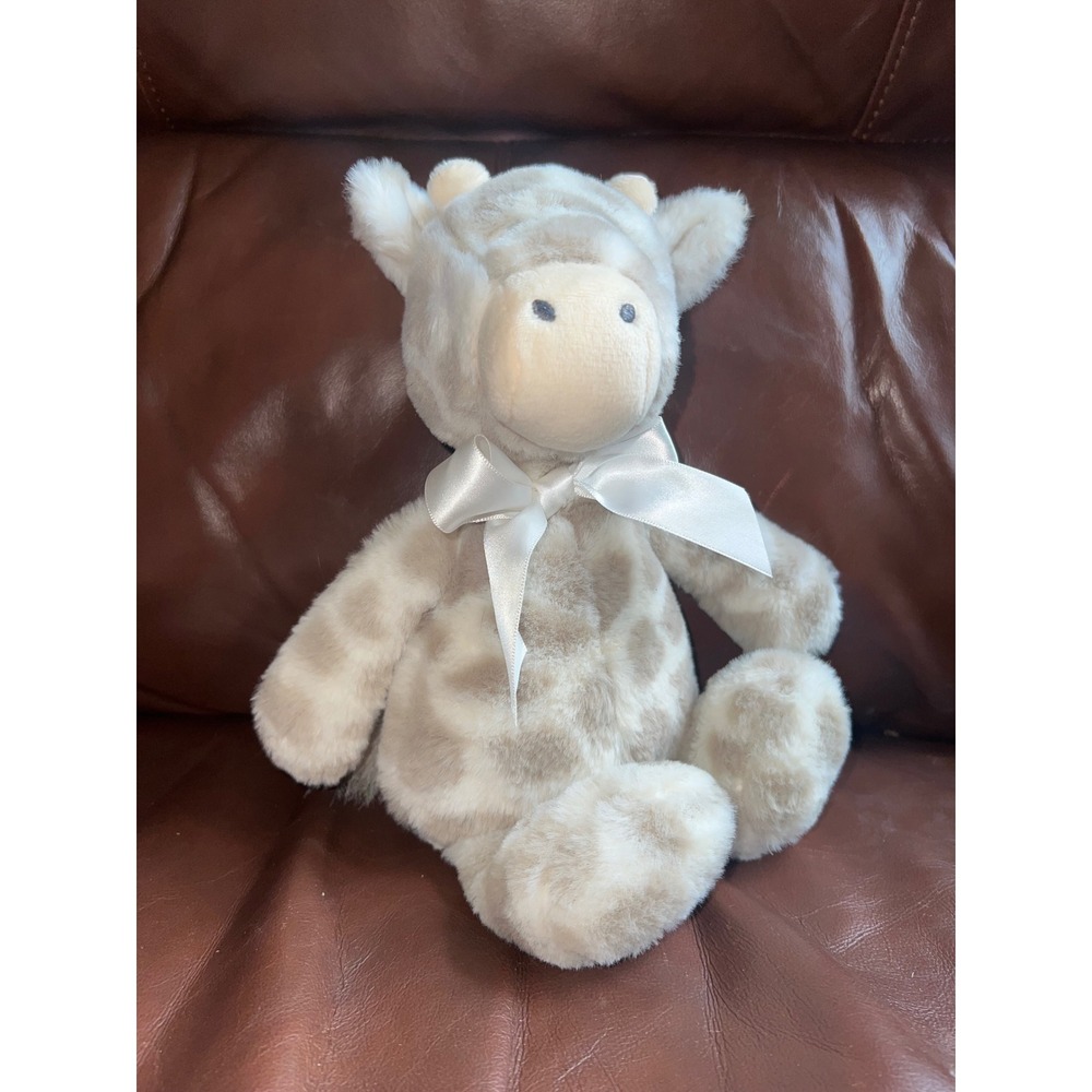 Snug Grey Spotted Giraffe Plush Stuffed Animal White Satin Bow Nursery Toy